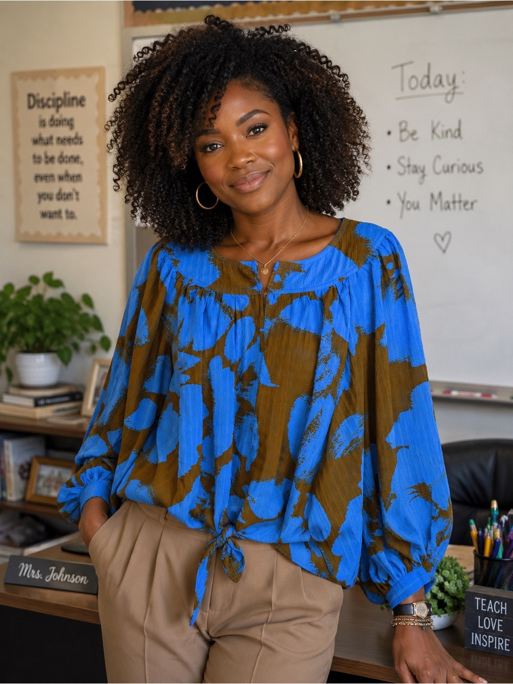 Rose & Olive Blue and Brown Abstract Tie-Front Peasant Blouse